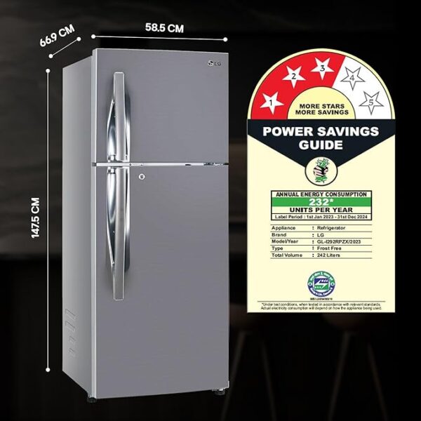 LG 242 L 3 Star Smart Inverter Frost-Free Double Door Refrigerator (GL-I292RPZX, Shiny Steel, Door Cooling+) - Image 6